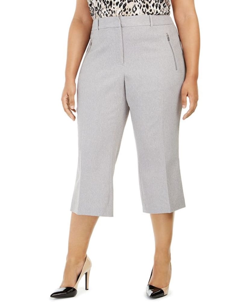 Front of a model wearing a size 24W Calvin Klein Women's Parker Twill Cropped Pants Gray 24W in Gray by Calvin Klein. | dia_product_style_image_id:309276